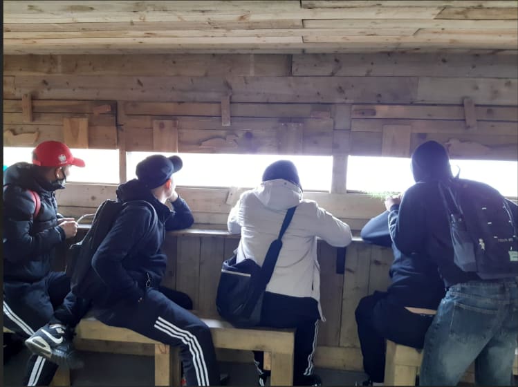 Four survivors of slavery, and Migrant Help clients, sit watching the birds from an observatory