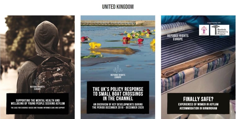 3 banners: a man with a backpack, picture of flowers in the channel, close up of a matters for Refugee Rights UK