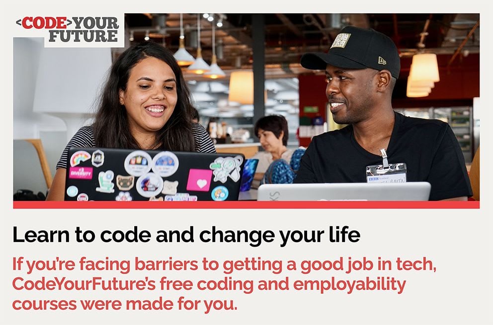 Coding courses for disadvantaged people banner